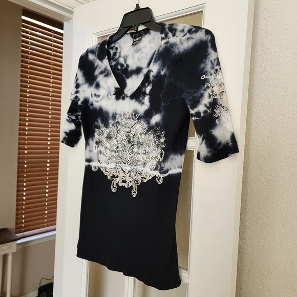 Sledge USA Y2K Tie-Dye Rhinestone Crest V-Neck Top XL Made in USA - Picture 2 of 12